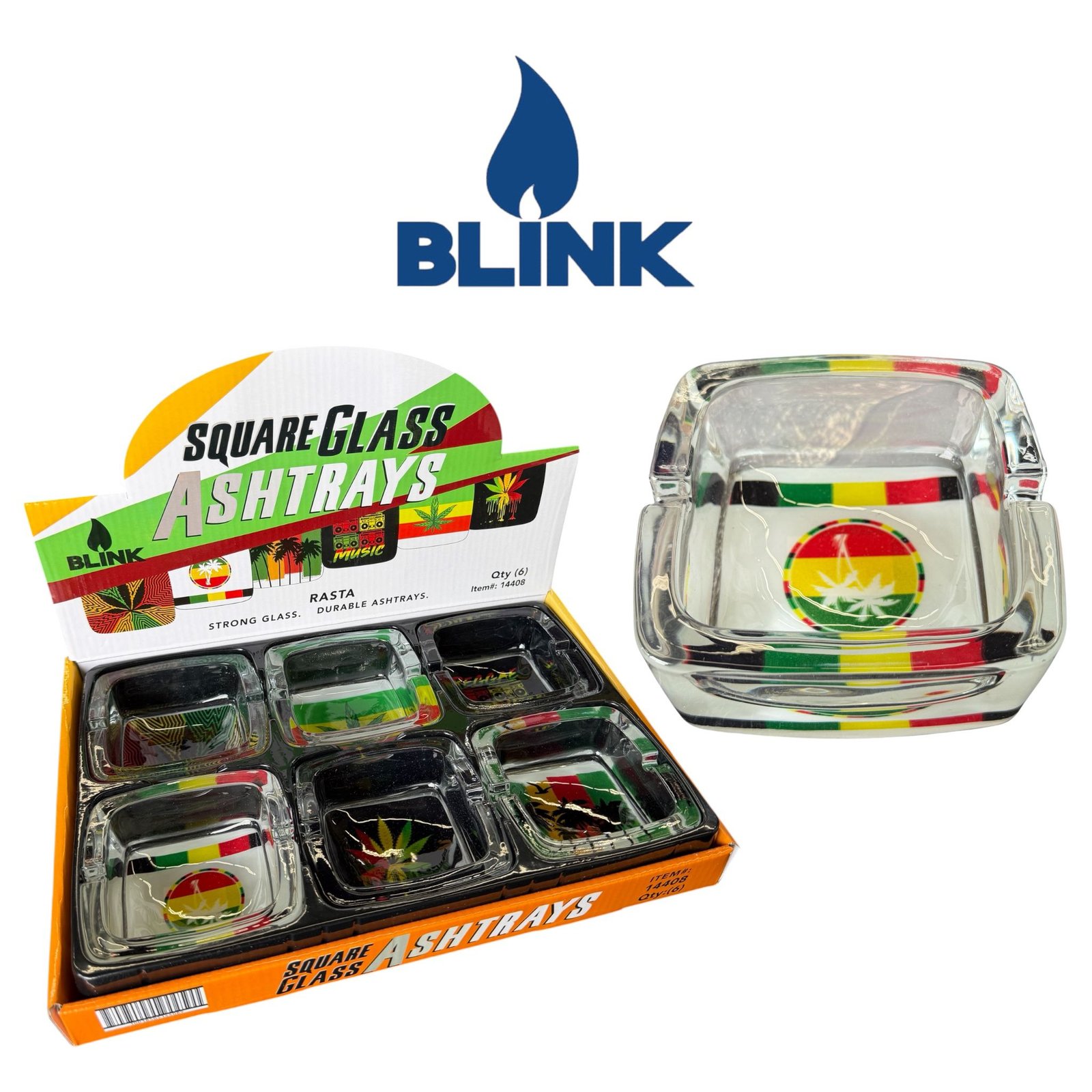 Blink 14408 Square Glass Ashtray Rasta- 6ct