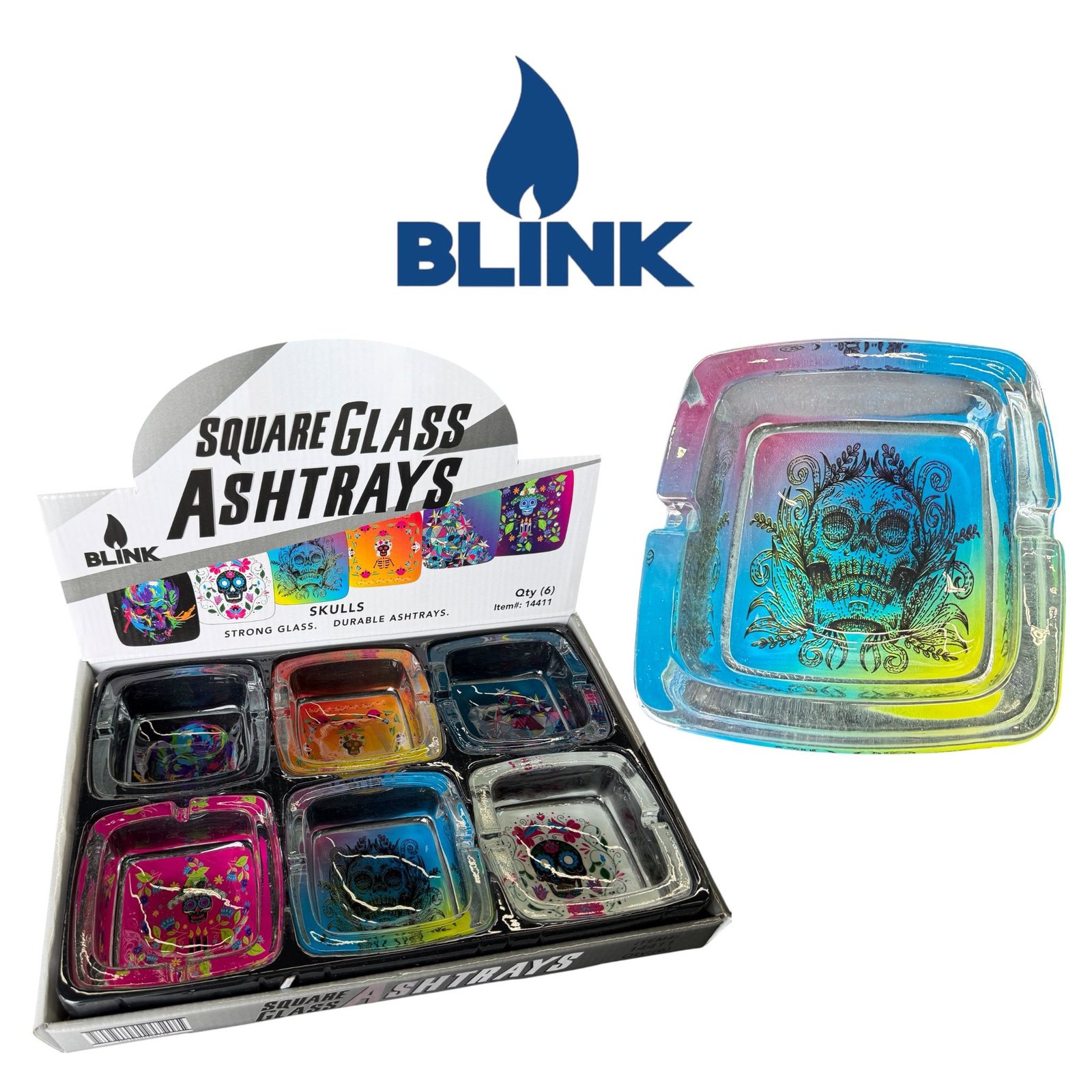 Blink 14411 Square Glass Ashtray Skull- 6ct